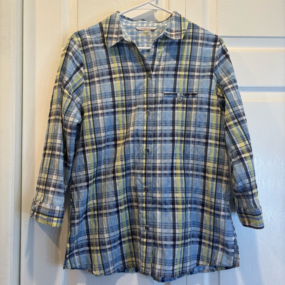 Allison Daley Blue and Yellow Plaid Quarter Length Sleeve Button Up - Size 12